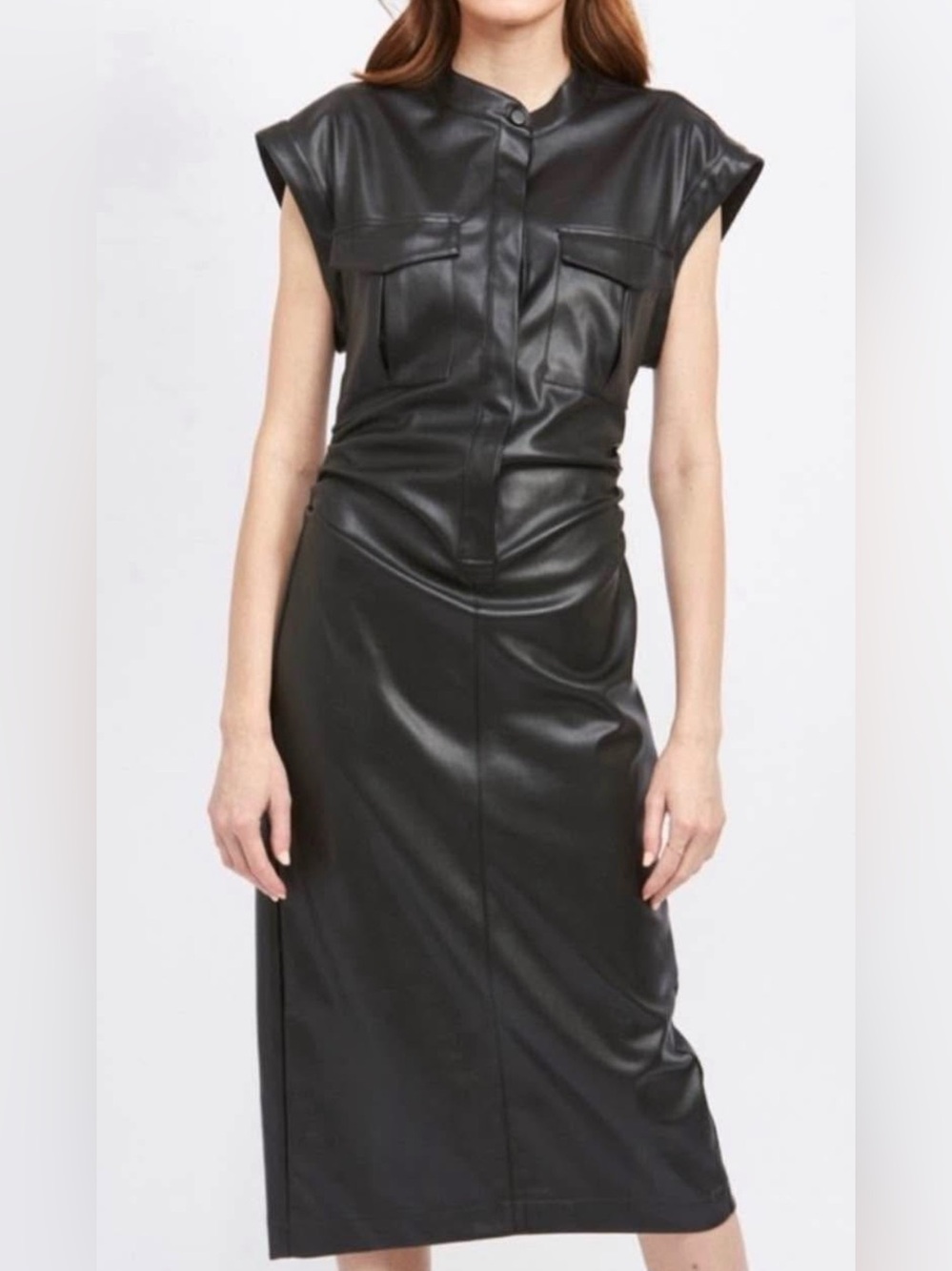 En Saison Black Faux Leather Midi Dress Size Small NWOT $148 Sleeveless Sheath